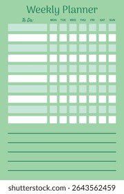Minimalist weekly planner template with to do list and daily checkboxes. Green background with clean layout. Perfect for organizing tasks, schedule planning, and personal productivity. Vector