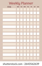 Minimalist weekly planner template with to do list and daily checkboxes. Brown background with clean layout. Perfect for organizing tasks, schedule planning, and personal productivity. Vector