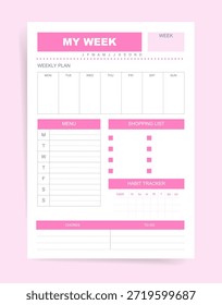 Minimalistische Wochenplaner-Vorlage mit Speisekarte, Einkaufsliste, Habit Tracker und Chores Abschnitt. Clean Pink Organizer-Seite für Personal Schedule, Productivity Planning und Home Routine Management