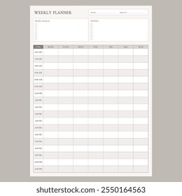 Minimalist weekly planner template. Vector illustration. Personal printable planner