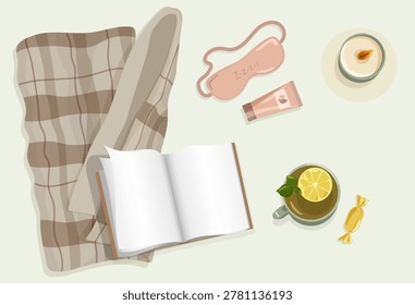 Minimalist Wellness Flat Lay Vector Open Book with Pink Sleep Mask Cream Tube Burning Candle Tea Cup and Checkered Blanket for Bedtime Routine Design