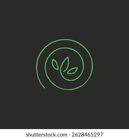 Minimalist Wellness Logo with Green Spiral and Leaf Design on Dark Background for meditation center, health care and eco friendly transformation