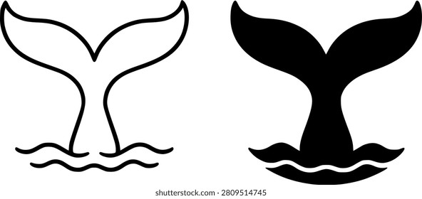 Minimalist whale tail icon in outline and silhouette design