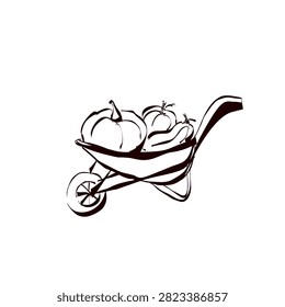 Minimalist wheelbarrow with pumpkins and squashes in black and white line art.