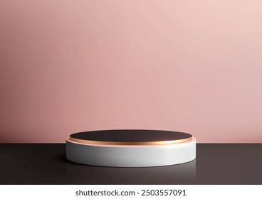 Minimalist White 3D Podium with Gold Rim on Soft Pink Background, Luxury Product Display and Mockup in Modern Style for Showroom and Showcase