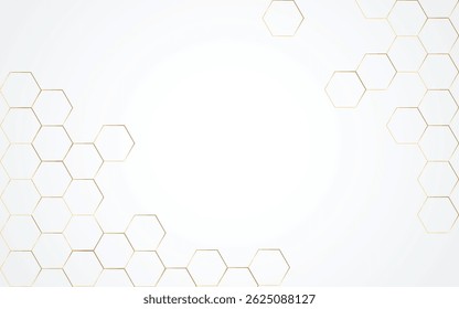 Fundo branco minimalista com delicados contornos de hexágono dourado agrupados nas laterais, criando espaço negativo elegante. Perfeito para marcas de luxo, designs de casamento ou layouts sofisticados.