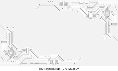 Minimalistisch weißer Hintergrund mit erhabenen Leiterplattenmustern mit weichen Schatten. Das Design umfasst geometrische Mikrochips
