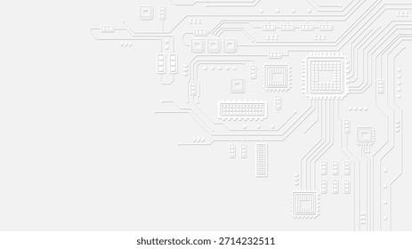 Minimalistisch weißer Hintergrund mit erhabenen Leiterplattenmustern mit weichen Schatten. Das Design umfasst geometrische Mikrochips