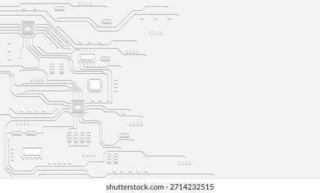 Minimalistisch weißer Hintergrund mit erhabenen Leiterplattenmustern mit weichen Schatten. Das Design umfasst geometrische Mikrochips