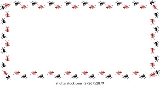 A minimalist white background with a playful border composed of a continuous line of alternating black and red ant silhouettes, forming a rectangular frame.