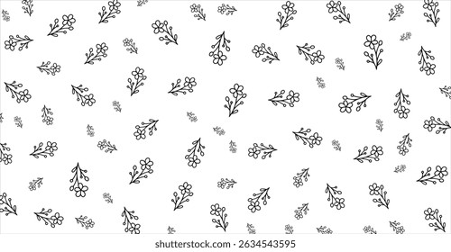 Minimalist White Background with Scattered Outlined Flowers and Twigs for Elegant Decor and Creative Projects, Suitable for Textile Design and Delicate Wallpapers