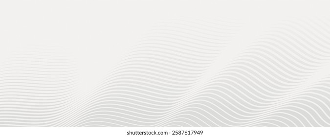 Minimalist white background with wavy line patterns. The white background creates a clean, modern texture with subtle curves. Modern wavy line pattern background. Gray background vector.