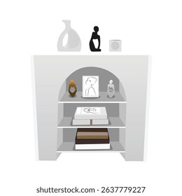 Minimalist white bookshelf with art and decor