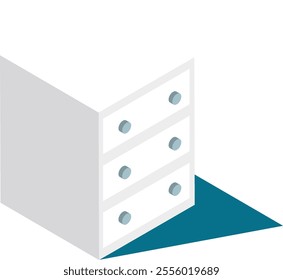 Minimalist white chest of drawers with light blue knobs casting a teal shadow on a blue floor, creating a simple yet stylish isometric composition