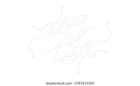 Minimalist white circuit board layout with interconnected pathways and vias on transparent background