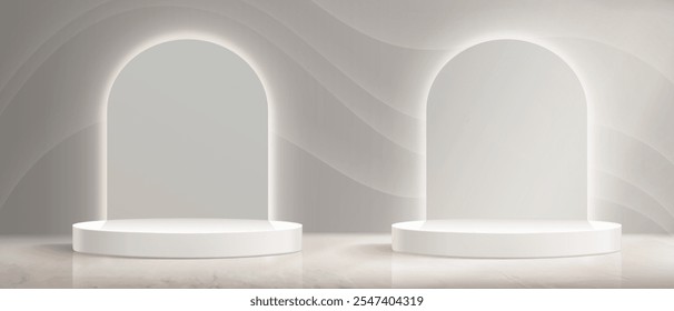 Minimalist white circular podiums beneath illuminated arches. Elegant display setting with soft lighting, wave textured wall with shadows. Clean geometric composition for premium product presentation.