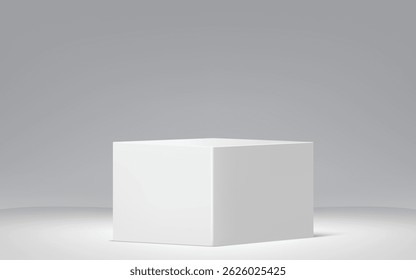 Minimalist white cube display stand with soft shadow, offset for dynamic composition. Perfect for product mockups, gallery exhibits, or modern branding projects on a clean light grey backdrop.