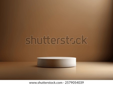 Minimalist white cylindrical podium centered on a warm solid brown backdrop. Its reflective surface enhances the elegant, modern design, perfect for product display, mockup, and showcase