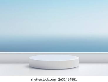 minimalist white cylindrical podium on a gradient blue sky backdrop, perfect for product placement mockups, advertising, or brand showcases in a clean modern aesthetic