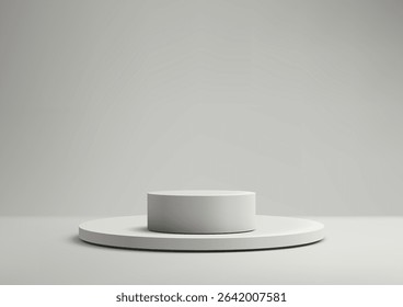 minimalist white cylindrical podium on a circular base, perfect for product display, mockup, or showcase in a clean modern style with plain backdrop, ideal for commercial and branding use