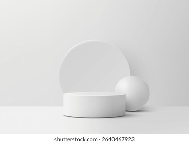 minimalist white cylindrical podium with smooth sphere and circular panel on clean background, product mockups, brand presentations, or modern decor in commercial and retail spaces