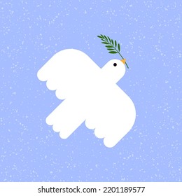 Minimalist White Dove Icon Flying With Olive Branch. Peace Symbol. Square Blue Banner. Concept Of Non Violence, Tolerance, Equality. Vector Illustration, Flat Design
