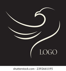 Minimalist white eagle logo with elegant curves on a black background, accompanied by a serif typeface placeholder for branding