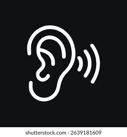 A minimalist white ear icon against a black background emphasizing hearing sound awareness and auditory perception in a clean design