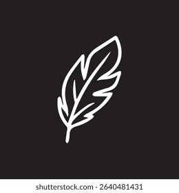 Minimalist white feather illustration on a black background. Ideal for designs requiring elegance and simplicity with a touch of nature.