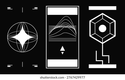 Minimalist white geometric wireframes and techno emblems featuring waveforms and celestial shapes arranged horizontally on a solid matte black background.