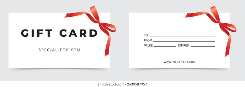 Minimalist white gift card with small red ribbon and clean design