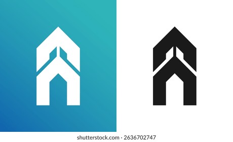 A minimalist white house-shaped logo is centrally positioned against a gradient teal background. The design features sharp, geometric lines, creating a modern and sophisticated aesthetic.