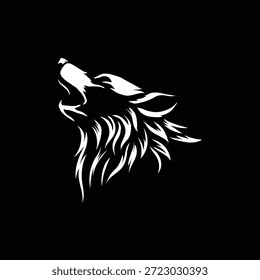Logotipo vetor cabeça de lobo uivando branco minimalista no fundo preto.