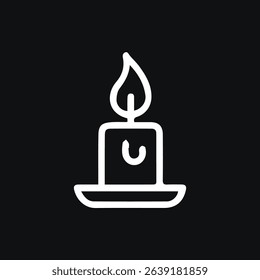 A minimalist white line art illustration of a candle with a bright flame set against a stark black background adding warmth and peace.
