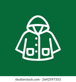 Uma ilustração minimalista da arte da linha branca de uma capa de chuva com um capuz, bolsos e botões em um fundo verde-escuro sólido. Perfeito para projetos relacionados ao clima.