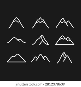 Minimalist white line art mountain icons set featuring various jagged peaks and snowy summits isolated on a dark black background