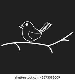 Minimalist White Line Drawing of a Bird on a Branch with Black Background