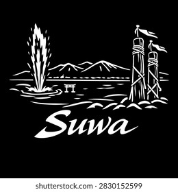 A minimalist white line vector illustration of Lake Suwa in Japan featuring its iconic geyser and Onbashira pillars.