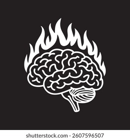 A minimalist, white line-art illustration of a human brain with small flames or sparks rising from it, set against a solid black background