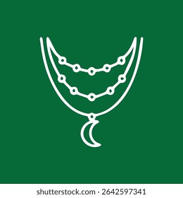 A minimalist white necklace design featuring multiple strands and a crescent moon pendant on a green background perfect for digital use