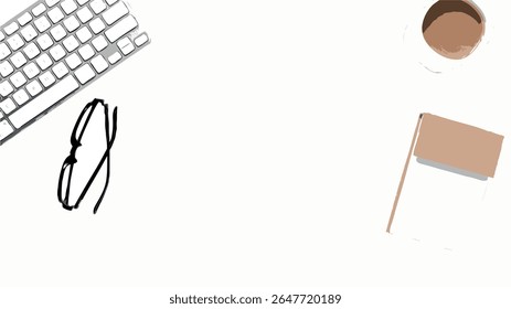 Minimalist white office desk workspace with modern keyboard, glasses, coffee cup, notebook and stationery on clean white background for business, productivity and professional use - vector illustratio