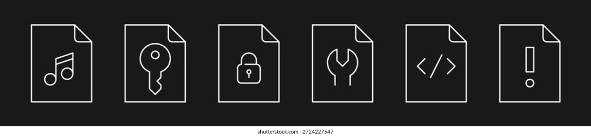 Minimalistische Symbole für Dateityp und Format in Weiß für Benutzeroberflächen, Sicherheit, Webentwicklung und Digital Asset Management-Systeme