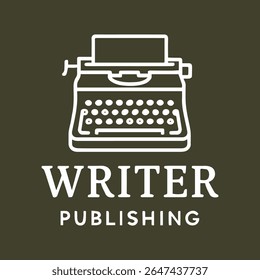 A minimalist white outline icon of a vintage typewriter is centered on a dark olive green background with the words WRITER and PUBLISHING in white text below, representing creativity and literary work