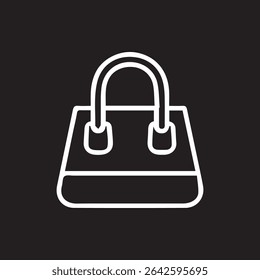 A minimalist white outline illustration of a handbag on a stark black background showcasing its clean and simple design.