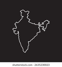 Minimalist white outline map of India on a black background. Simple, clean, and modern design for geographic or political themes.
