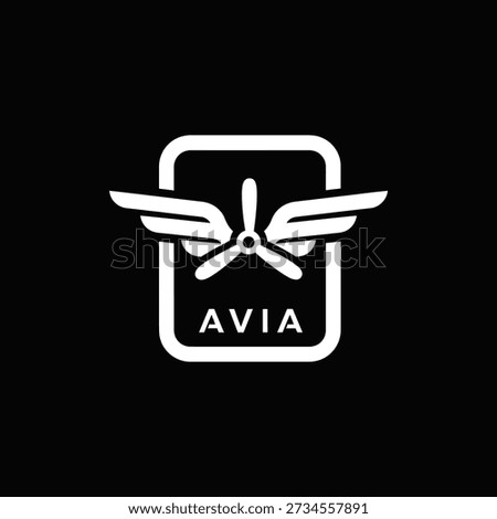 Minimalist white outline vector logo featuring a rounded rectangular badge with stylized propeller and wings emblem above bold "AVIA" text. Clean aviation-themed design on solid black background – perfect for flight schools, pilot gear, aerospace startups, or aviation enthusiast branding.