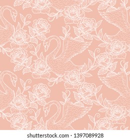 minimalist white outlined seamless pattern design of swan and floral roses in pink background.