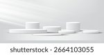 Minimalist white podium background with multiple cylindrical platforms and soft light, perfect for product display, cosmetics, or presentation scenes.
