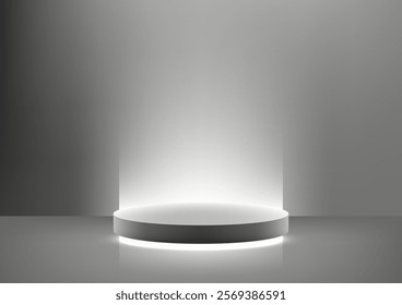 A minimalist white podium highlighted by a soft spotlight on a gradient gray background, ideal for award concepts, product displays, mockups, and elegant showroom showcases.