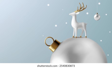 A minimalist white reindeer with golden antlers stands gracefully on a silver Christmas ornament, evoking the serene and magical atmosphere of winter.